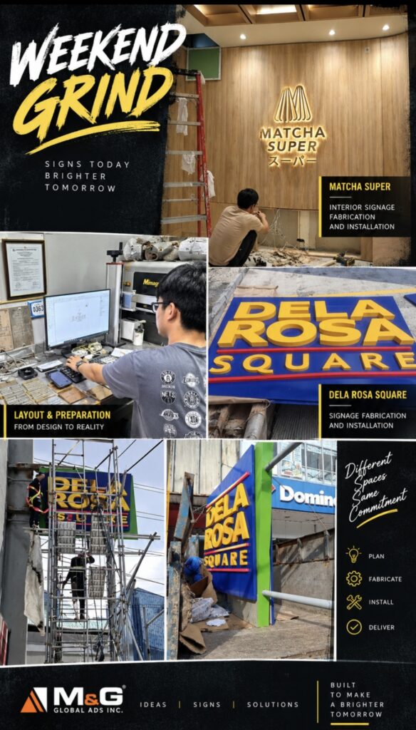 A collage of sign makers in the Philippines designing, fabricating, and installing various shop signs—including a wooden Matcha Super signage and a large Dela Rosa Square building sign—showcasing indoor, outdoor, and wayfinding signage types in Metro Manila by M&G Global Ads.
