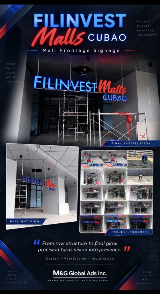 Building signage installation of a large acrylic Filinvest Malls Cubao sign on a building facade using scaffolding, with smaller images showing different stages of installation in both daylight and night conditions. Location: Metro Manila. Sign maker Philippines by M&G Global Ads.