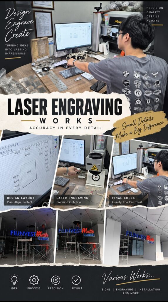 Collage showing a man operating a laser engraving machine, design layouts, engraving action, quality checks, and finished acrylic and LED signs with neon text. The image highlights the precision, quality, and process of laser engraving works for indoor signage produced by sign maker Philippines. Location: Metro Manila. By M&G Global Ads.