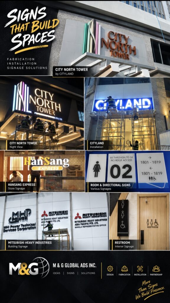 A collage of business signage in Metro Manila, Philippines, featuring acrylic and pylon building signs for City North Tower and Cityland, LED outdoor signage for FunSang Express, indoor room wayfinding signs, restroom signage, company branding displays by M&G Global Ads Inc., promoting signage fabrication and installation. Sign maker Philippines by M&G Global Ads.