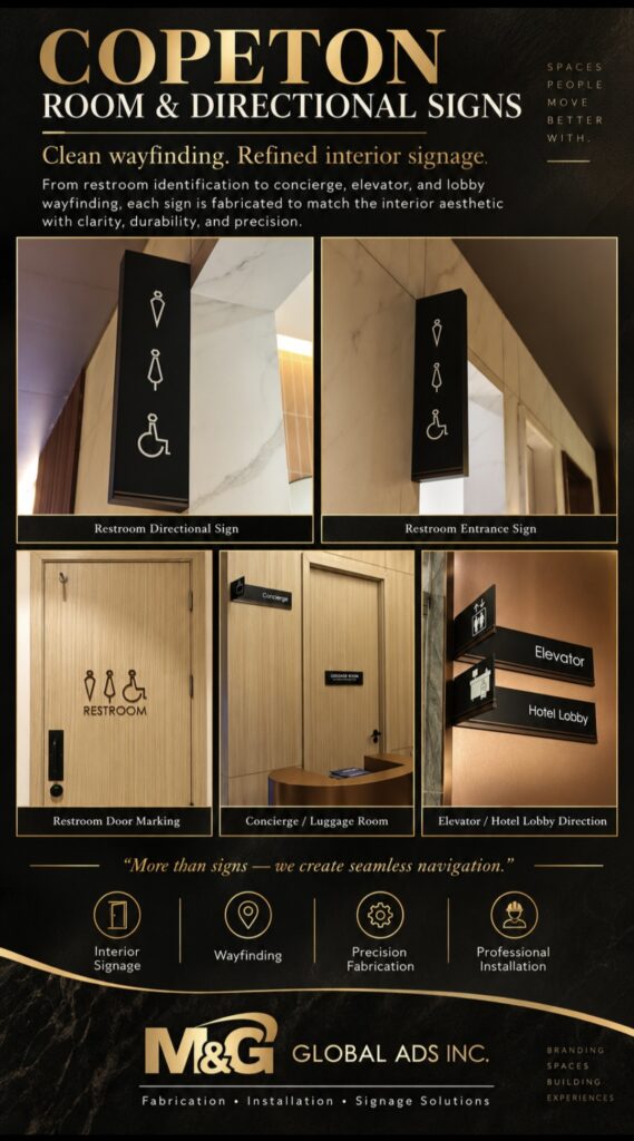 Copeton building room and wayfinding signage including acrylic restroom signs, aluminum luggage room signs, and elevator directional signs, showcasing professional installation and clean design by leading sign maker Philippines. Location: Metro Manila. By M&G Global Ads.