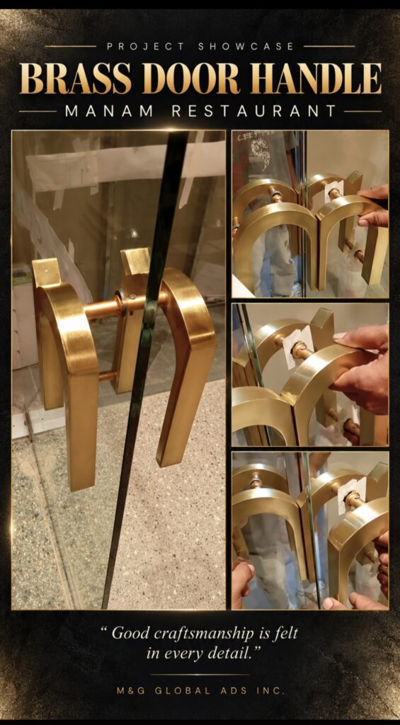 Collage showing a custom brass door handle shaped as the letter M, installed on a glass door at Manam Restaurant, with close-up shots highlighting the smooth, shiny finish and expert craftsmanship; includes signage type: indoor building signage (brass), client: Manam Restaurant, location: Metro Manila, sign maker Philippines by M&G Global Ads.