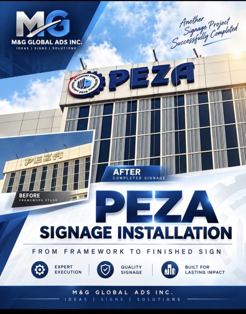 Before and after view of a 3D metal letters and logo building signage installation for PEZA in the Philippines, by M&G Global Ads, sign maker Philippines.