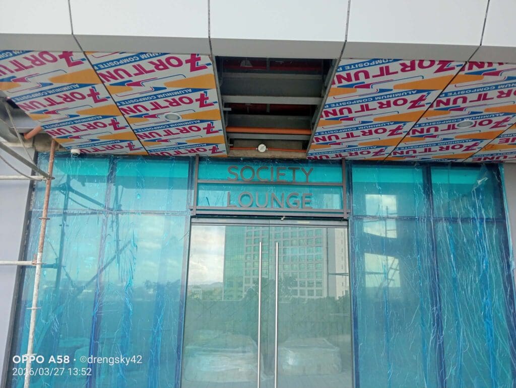 Society Lounge acrylic building signage on glass entrance, Metro Manila, sign maker Philippines by M&G Global Ads.