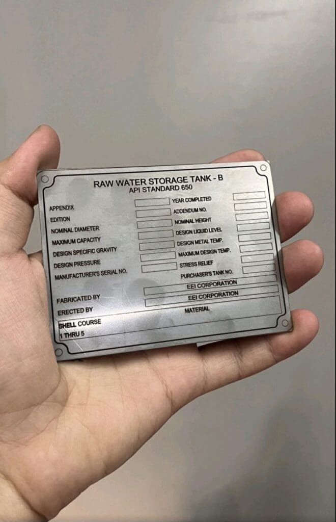 Stainless steel engraving signage for raw water tank specs, blank fields, sign maker Philippines by M&G Global Ads, Metro Manila.