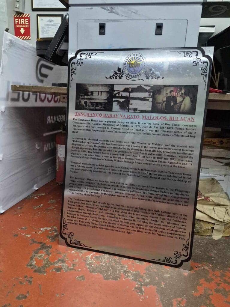 Stainless steel historical marker for Tanchanco Bahay na Bato, Malolos, Bulacan by sign maker Philippines. By M&G Global Ads.