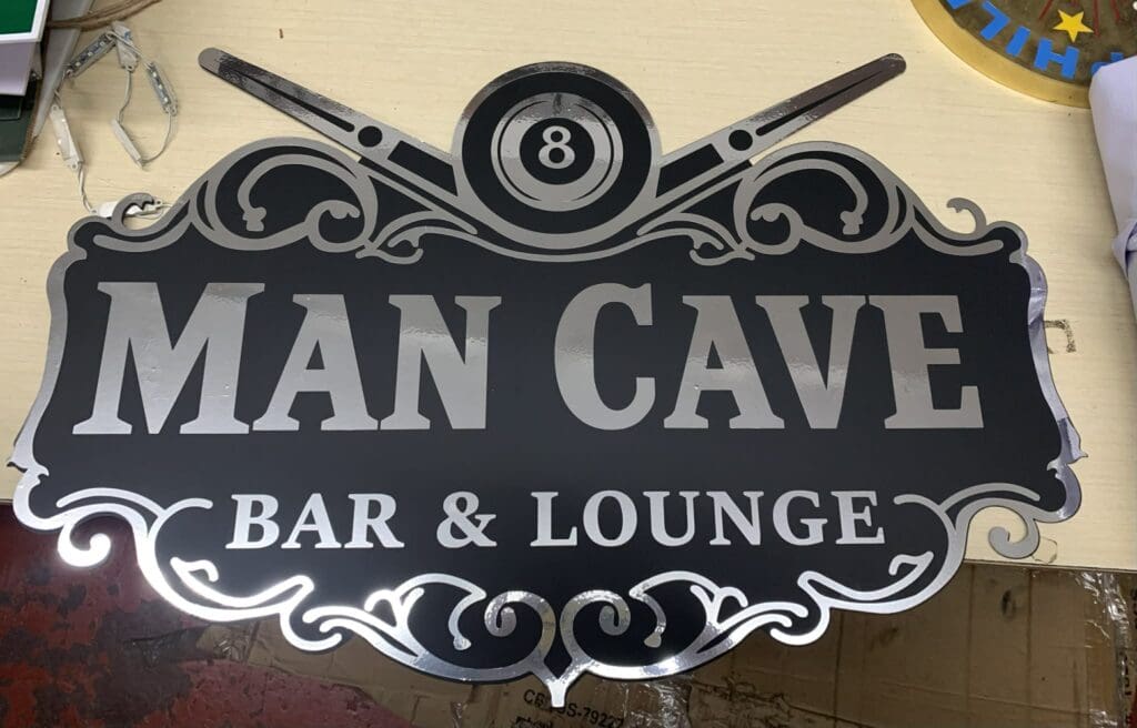Stainless steel indoor room signage for MAN CAVE BAR & LOUNGE, custom sign maker Philippines by M&G Global Ads.