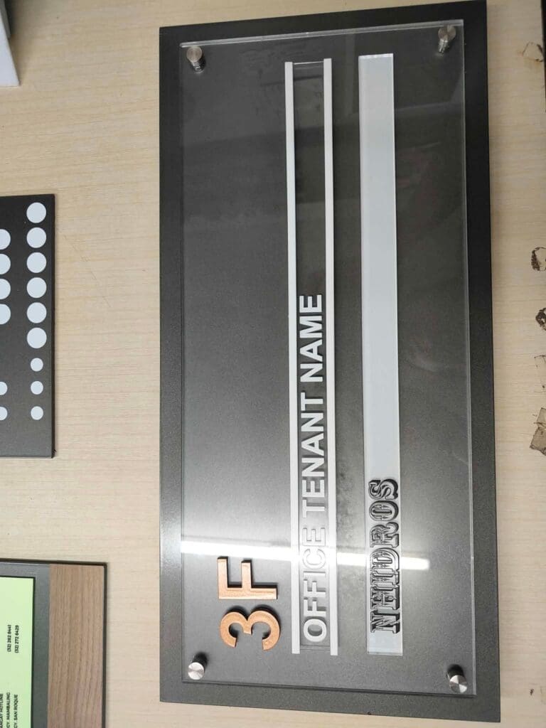 Stainless steel office room sign with gold and white text, wood-mounted, Metro Manila. Sign maker Philippines by M&G Global Ads.