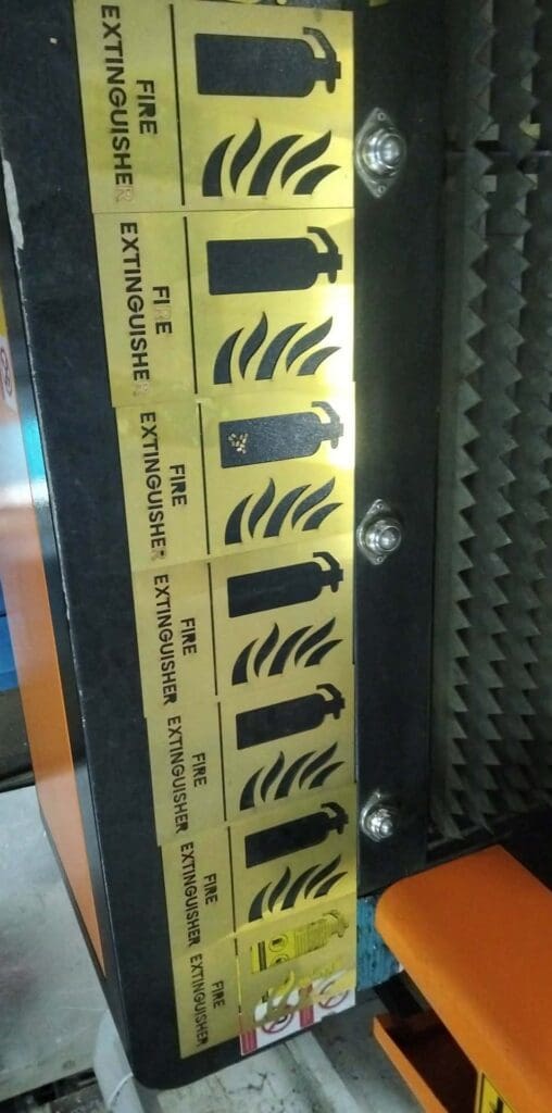 Stainless steel safety signage, engraved fire extinguisher icons, Metro Manila, sign maker Philippines by M&G Global Ads.