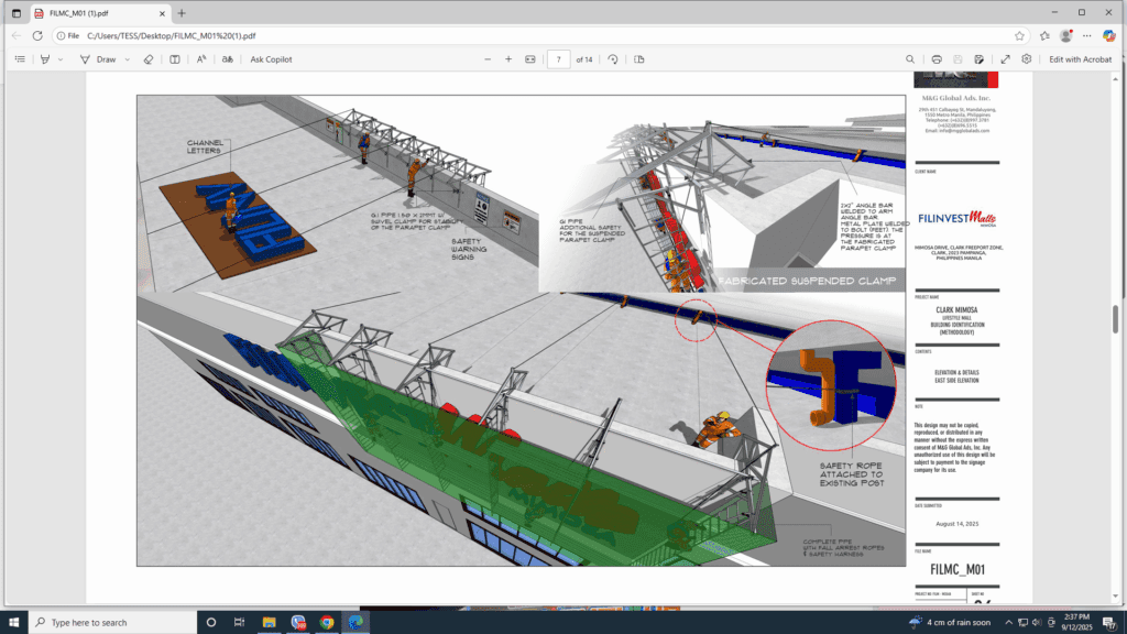 Technical diagram of workers installing safety equipment on a rooftop for building signage, Metro Manila, sign maker Philippines by M&G Global Ads.
