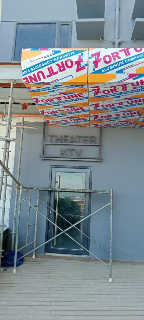 THEATER KTV acrylic signage, aluminum panels, building facade Quezon City sign maker Philippines by M&G Global Ads.